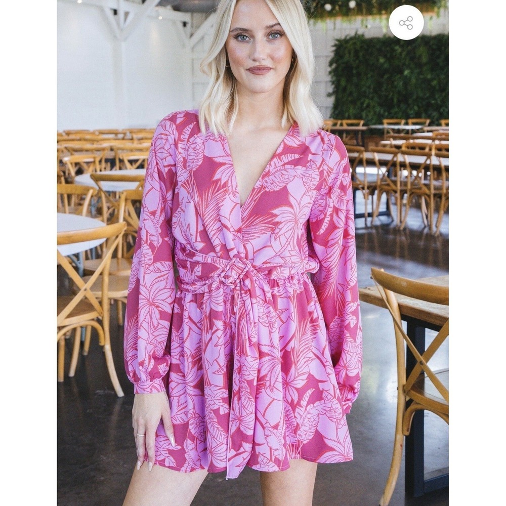 FATE Eva Tropical Print Belted Romper Size Small Pink Red Floral Long Sleeve NWT